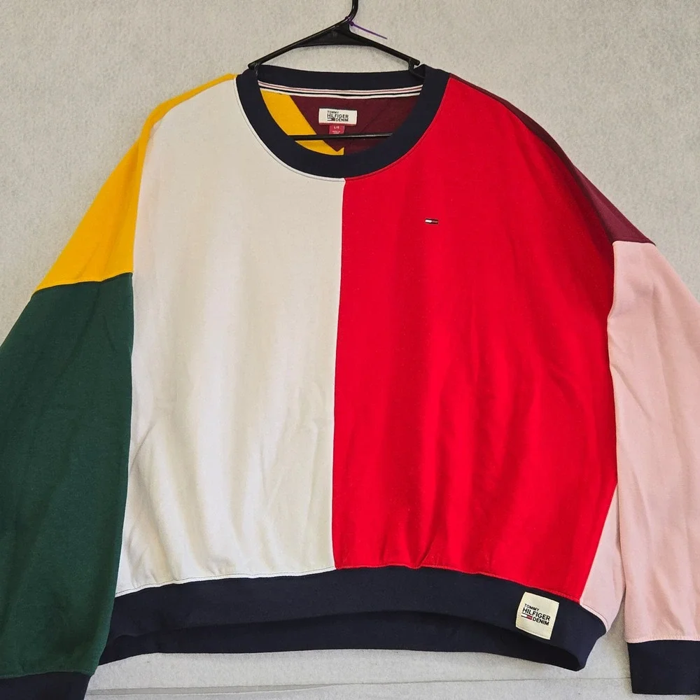 Tommy Hilfiger Denim Colorblock Sweatshirt unisex Large Multi Color Retro